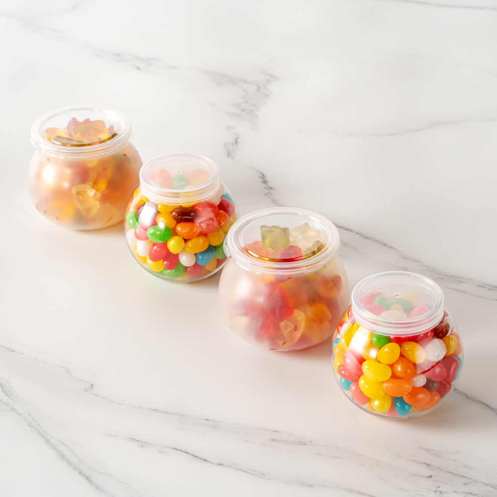 Mini Serve 4 oz Frosted Plastic Bulbous Candy Jar - with Lid - 2 1/2" x 2 1/2" x 2 1/2" - 100 count box