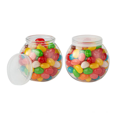 Mini Serve 3 oz Clear Plastic Bulbous Candy Jar - with Lid - 1 3/4" x 1 3/4" x 2 1/2" - 100 count box