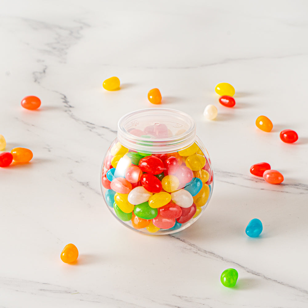 Mini Serve 3 oz Clear Plastic Bulbous Candy Jar - with Lid - 1 3/4" x 1 3/4" x 2 1/2" - 100 count box