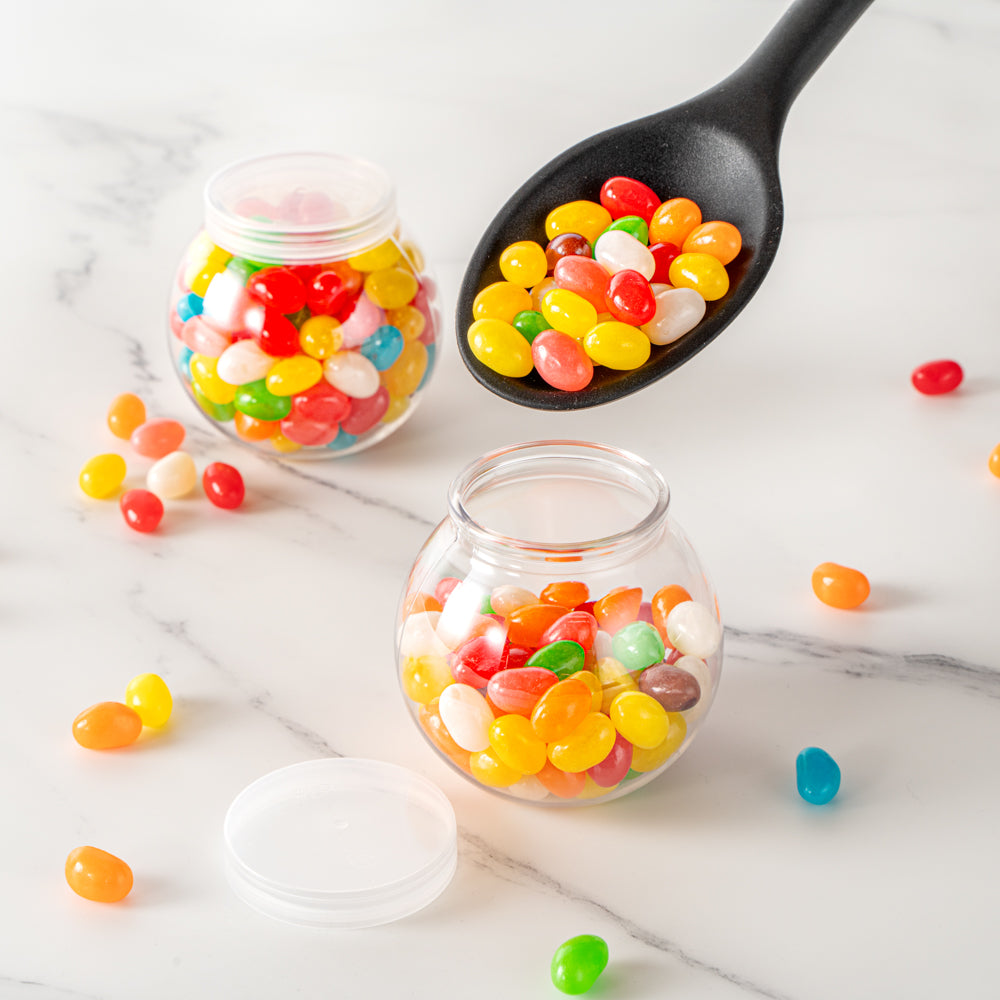 Mini Serve 3 oz Clear Plastic Bulbous Candy Jar - with Lid - 1 3/4" x 1 3/4" x 2 1/2" - 100 count box