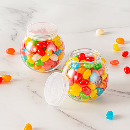 Mini Serve 3 oz Clear Plastic Bulbous Candy Jar - with Lid - 1 3/4" x 1 3/4" x 2 1/2" - 100 count box