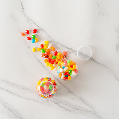 Mini Serve 3 oz Clear Plastic Bulbous Candy Jar - with Lid - 1 3/4" x 1 3/4" x 2 1/2" - 100 count box