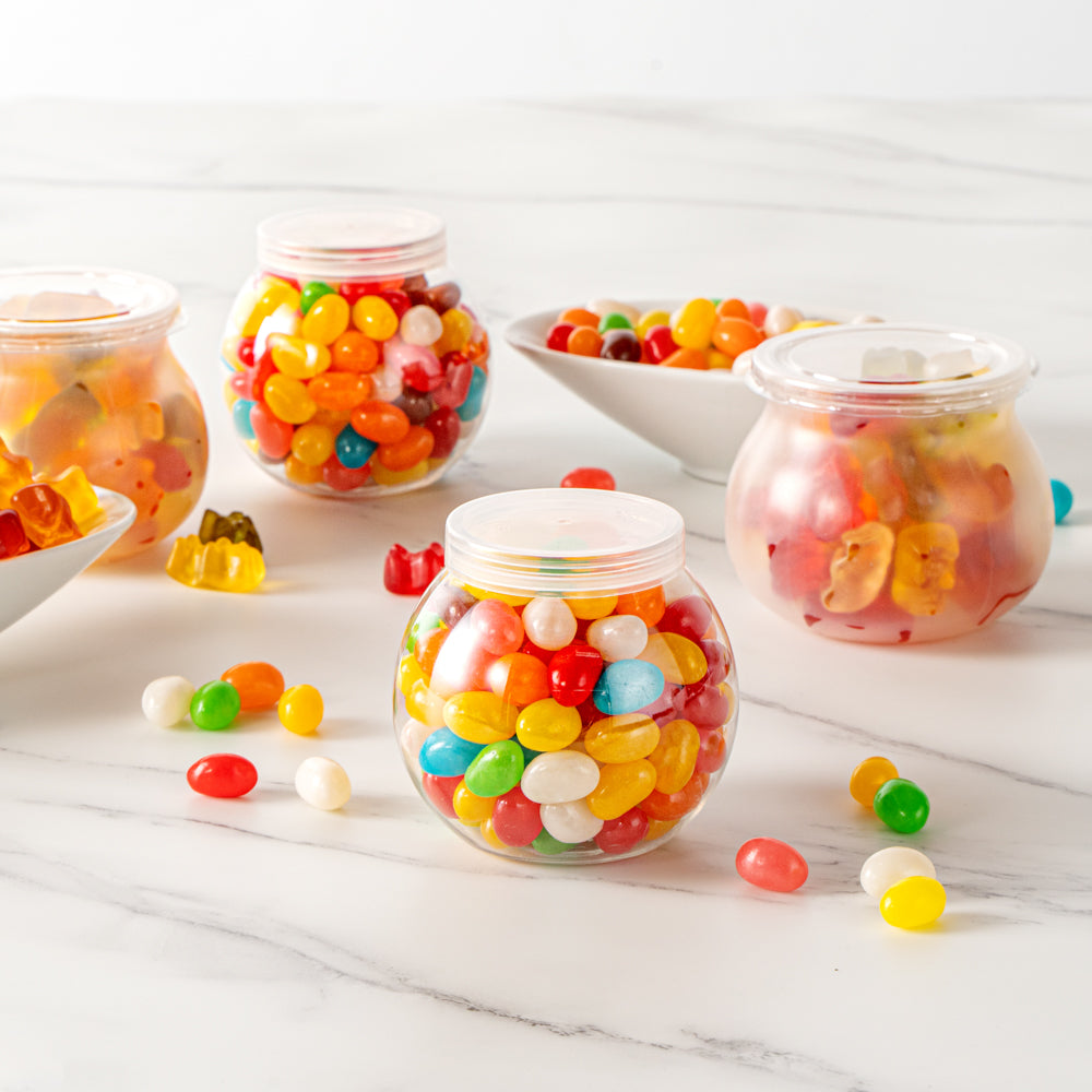 Mini Serve 3 oz Clear Plastic Bulbous Candy Jar - with Lid - 1 3/4" x 1 3/4" x 2 1/2" - 100 count box