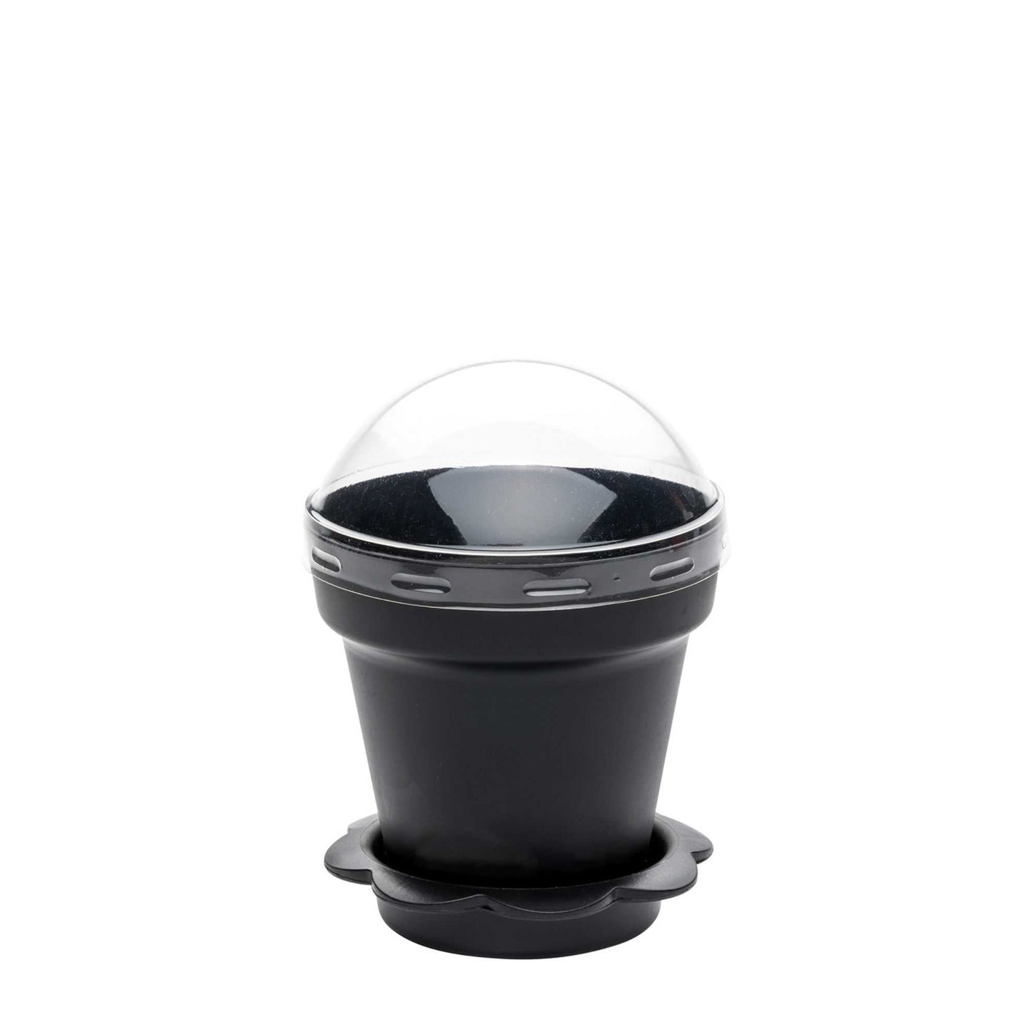 Mini Serve 6 oz Black Plastic Mini Flower Pot Cup - with Lid - 3" x 3" x 3" - 100 count box