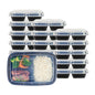 Asporto 26 oz Black Plastic 3 Compartment Food Container - with Clear Lid, Microwavable - 8 3/4" x 6" x 1 3/4" - 100 count box