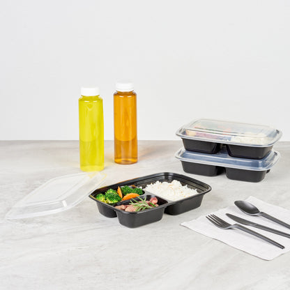 Asporto 26 oz Black Plastic 3 Compartment Food Container - with Clear Lid, Microwavable - 8 3/4" x 6" x 1 3/4" - 100 count box