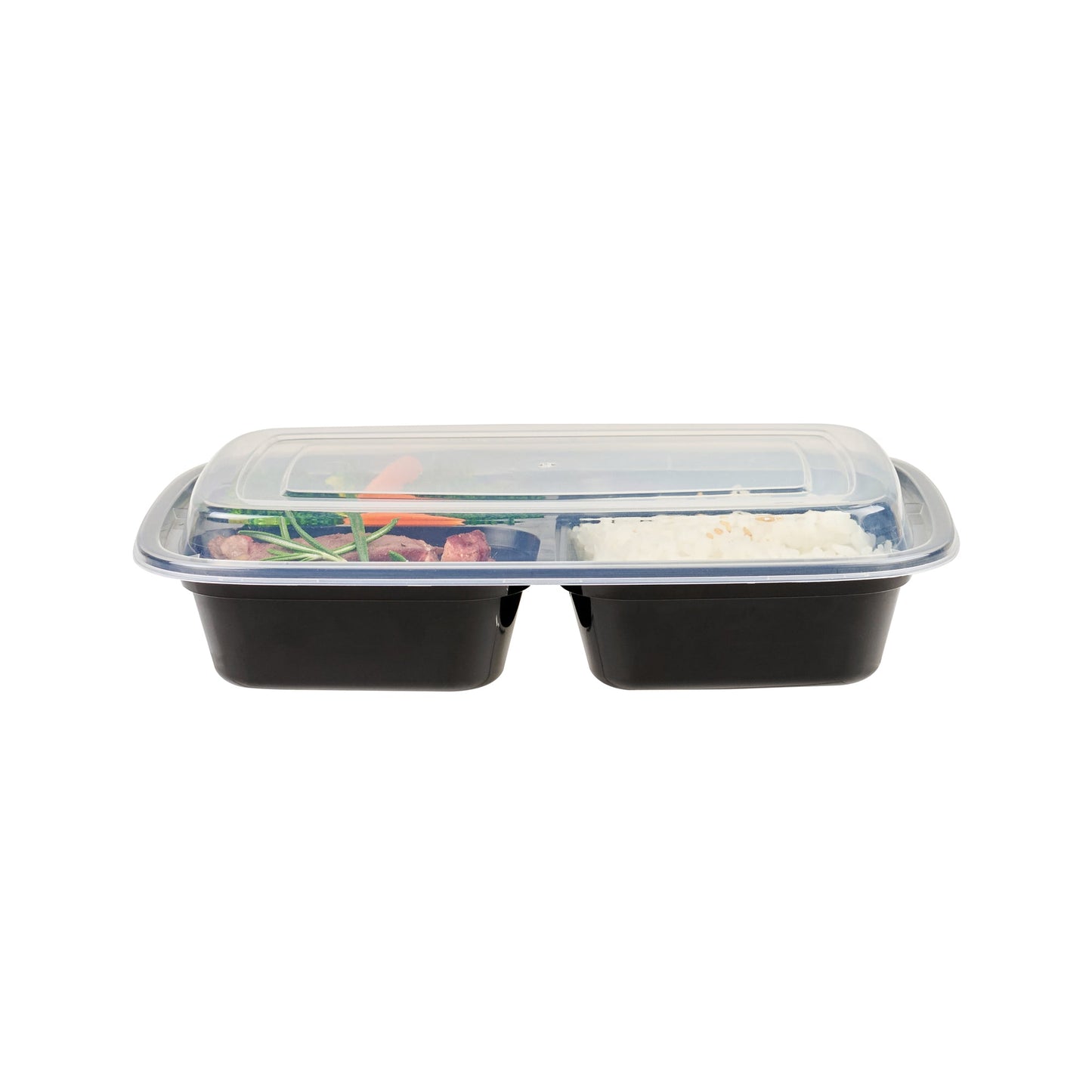 Asporto 26 oz Black Plastic 3 Compartment Food Container - with Clear Lid, Microwavable - 8 3/4" x 6" x 1 3/4" - 100 count box