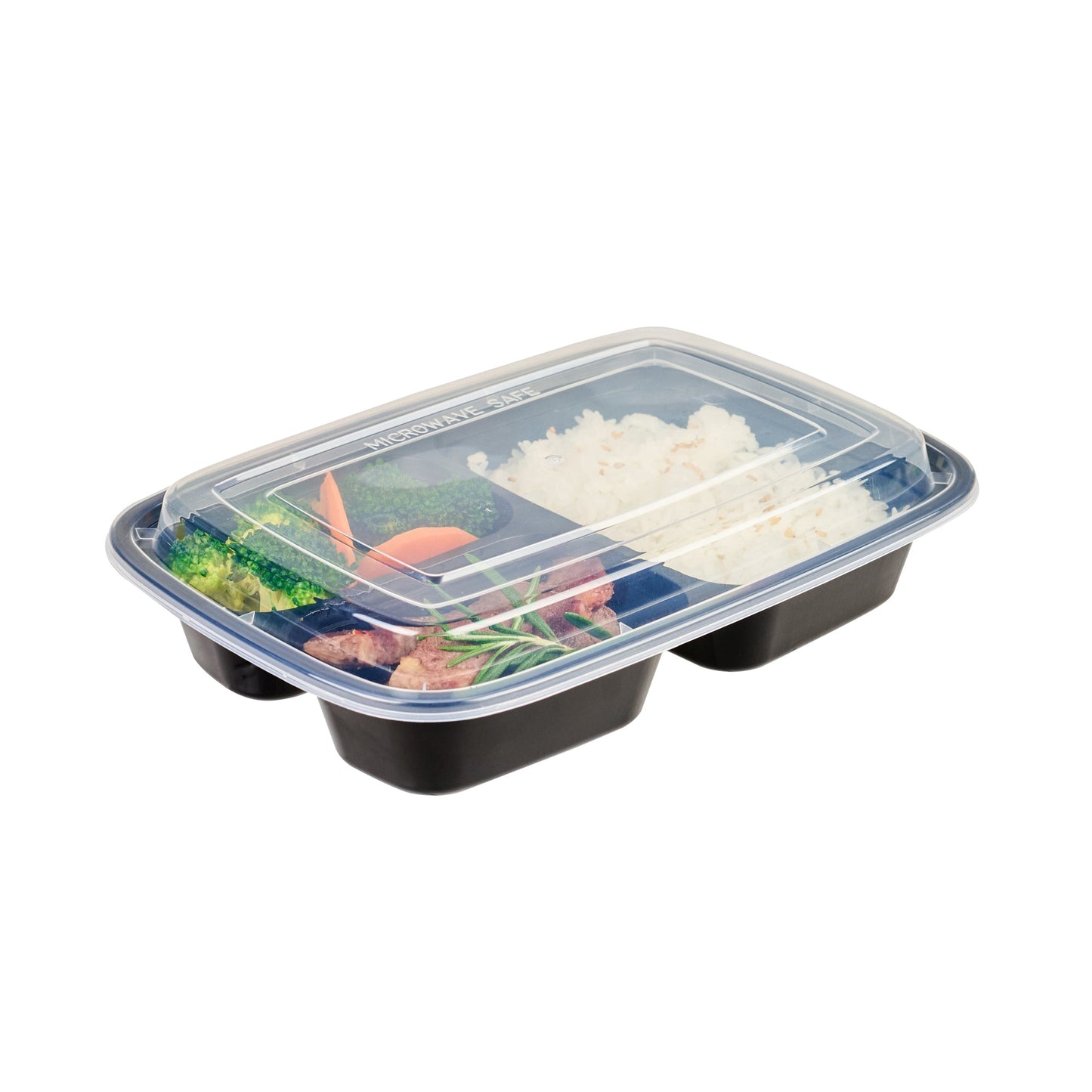 Asporto 26 oz Black Plastic 3 Compartment Food Container - with Clear Lid, Microwavable - 8 3/4" x 6" x 1 3/4" - 100 count box