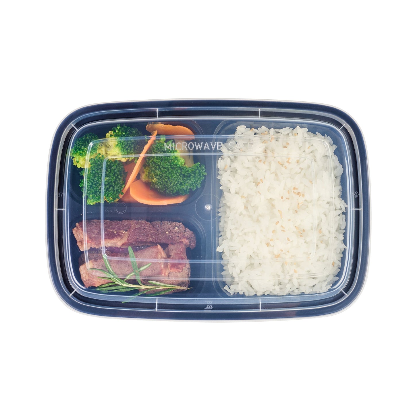 Asporto 26 oz Black Plastic 3 Compartment Food Container - with Clear Lid, Microwavable - 8 3/4" x 6" x 1 3/4" - 100 count box