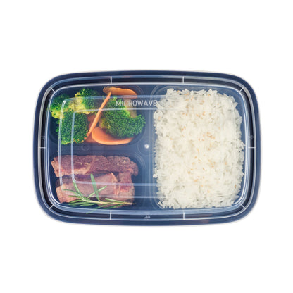 Asporto 26 oz Black Plastic 3 Compartment Food Container - with Clear Lid, Microwavable - 8 3/4" x 6" x 1 3/4" - 100 count box