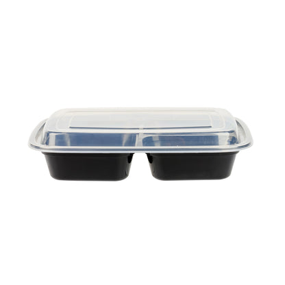 Asporto 26 oz Black Plastic 3 Compartment Food Container - with Clear Lid, Microwavable - 8 3/4" x 6" x 1 3/4" - 100 count box