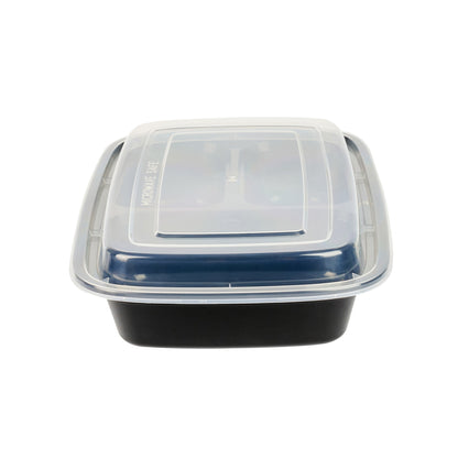 Asporto 26 oz Black Plastic 3 Compartment Food Container - with Clear Lid, Microwavable - 8 3/4" x 6" x 1 3/4" - 100 count box