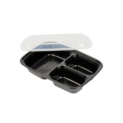 Asporto 26 oz Black Plastic 3 Compartment Food Container - with Clear Lid, Microwavable - 8 3/4" x 6" x 1 3/4" - 100 count box