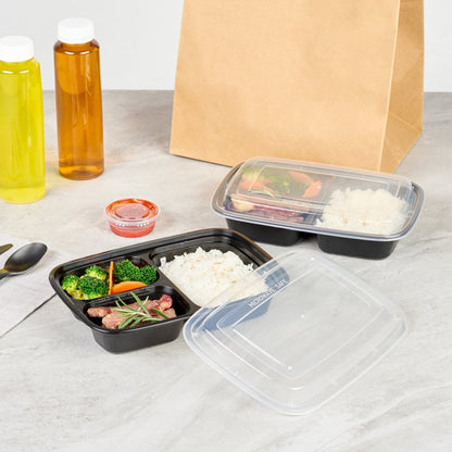 Asporto 26 oz Black Plastic 3 Compartment Food Container - with Clear Lid, Microwavable - 8 3/4" x 6" x 1 3/4" - 100 count box