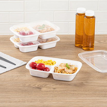 Asporto 26 oz White Plastic 3 Compartment Food Container - with Clear Lid, Microwavable - 8 3/4" x 6" x 1 3/4" - 100 count box