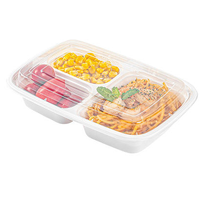 Asporto 26 oz White Plastic 3 Compartment Food Container - with Clear Lid, Microwavable - 8 3/4" x 6" x 1 3/4" - 100 count box