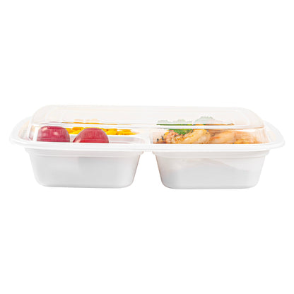 Asporto 26 oz White Plastic 3 Compartment Food Container - with Clear Lid, Microwavable - 8 3/4" x 6" x 1 3/4" - 100 count box