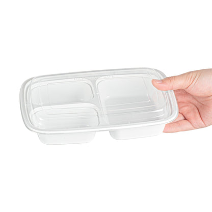 Asporto 26 oz White Plastic 3 Compartment Food Container - with Clear Lid, Microwavable - 8 3/4" x 6" x 1 3/4" - 100 count box