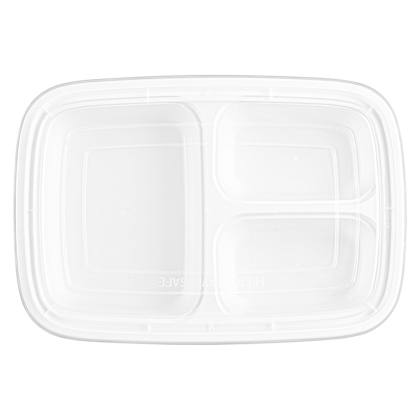 Asporto 26 oz White Plastic 3 Compartment Food Container - with Clear Lid, Microwavable - 8 3/4" x 6" x 1 3/4" - 100 count box