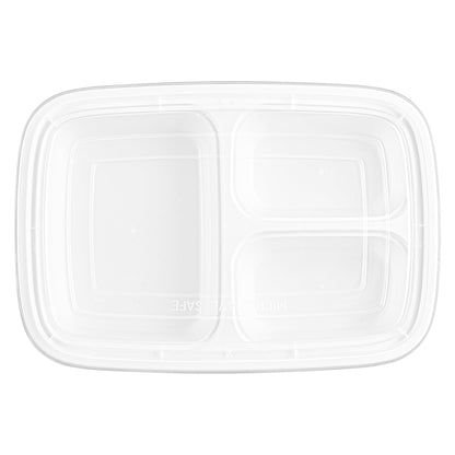 Asporto 26 oz White Plastic 3 Compartment Food Container - with Clear Lid, Microwavable - 8 3/4" x 6" x 1 3/4" - 100 count box