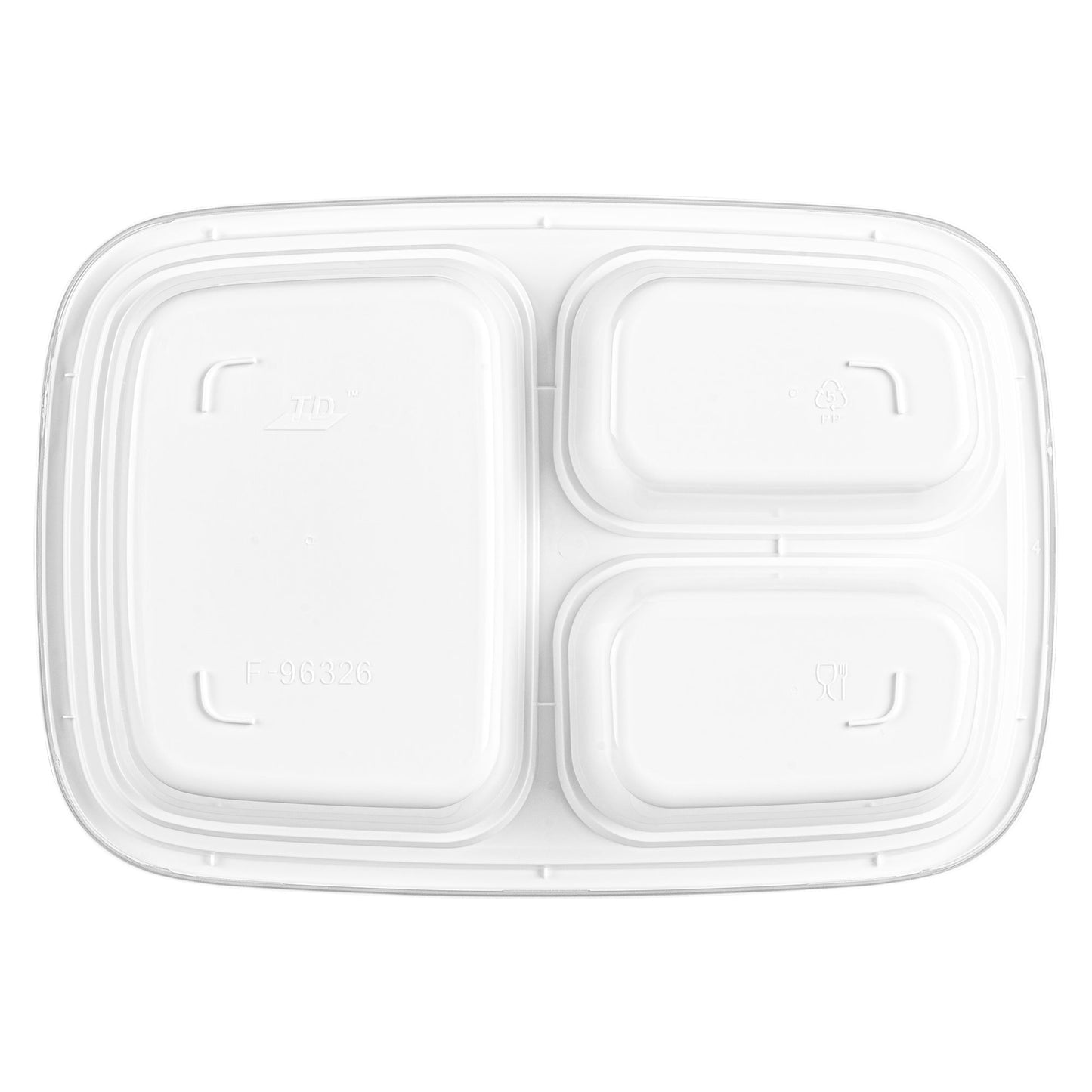 Asporto 26 oz White Plastic 3 Compartment Food Container - with Clear Lid, Microwavable - 8 3/4" x 6" x 1 3/4" - 100 count box