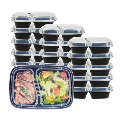 Asporto 32 oz Black Plastic 2 Compartment Food Container - with Clear Lid, Microwavable - 8 3/4" x 6" x 2" - 100 count box