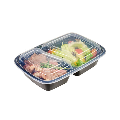 Asporto 32 oz Black Plastic 2 Compartment Food Container - with Clear Lid, Microwavable - 8 3/4" x 6" x 2" - 100 count box