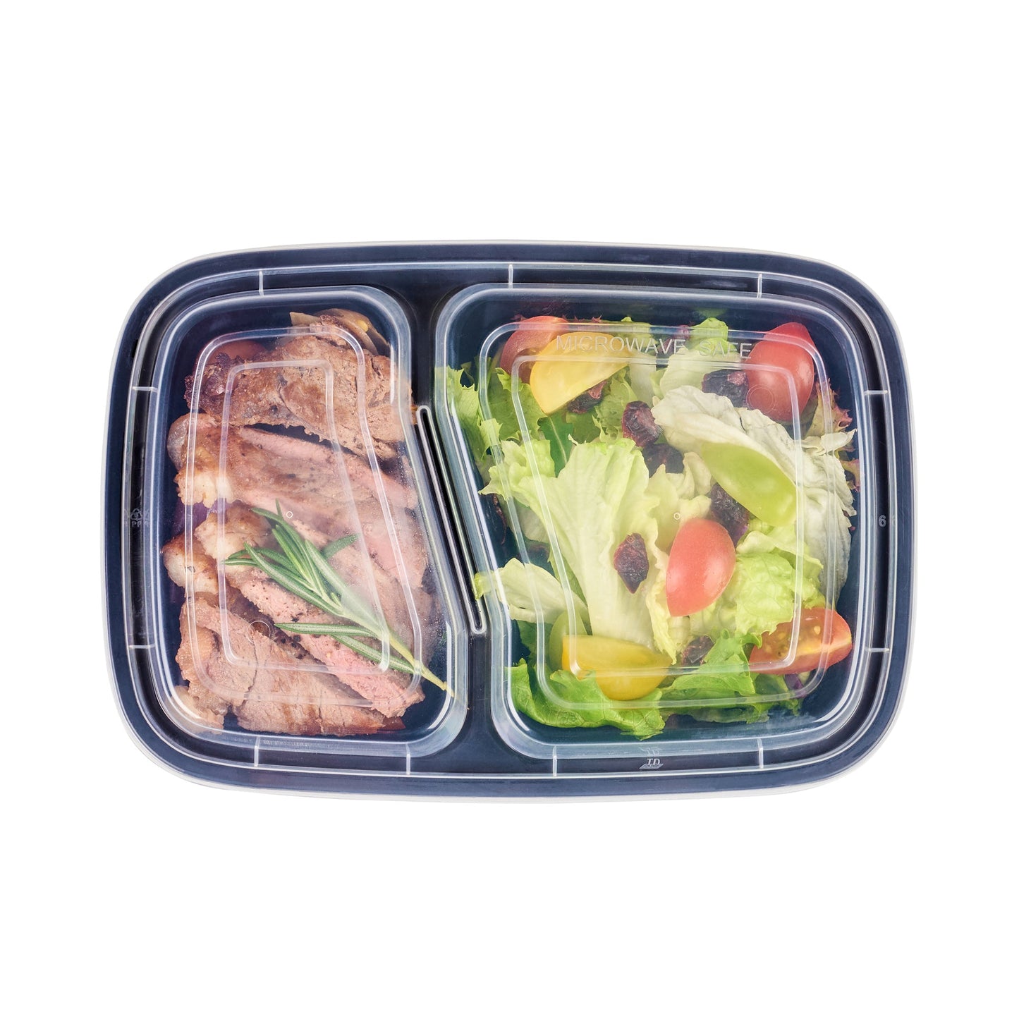 Asporto 32 oz Black Plastic 2 Compartment Food Container - with Clear Lid, Microwavable - 8 3/4" x 6" x 2" - 100 count box