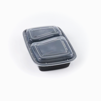 Asporto 32 oz Black Plastic 2 Compartment Food Container - with Clear Lid, Microwavable - 8 3/4" x 6" x 2" - 100 count box