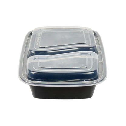 Asporto 32 oz Black Plastic 2 Compartment Food Container - with Clear Lid, Microwavable - 8 3/4" x 6" x 2" - 100 count box