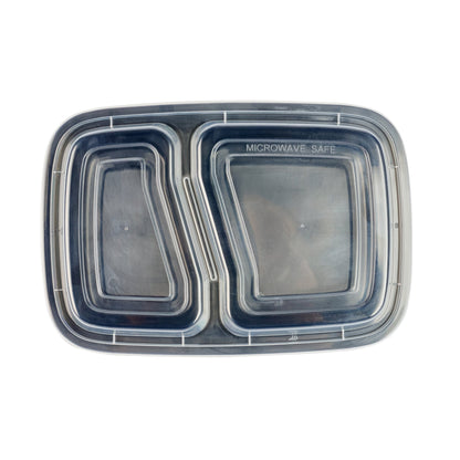 Asporto 32 oz Black Plastic 2 Compartment Food Container - with Clear Lid, Microwavable - 8 3/4" x 6" x 2" - 100 count box