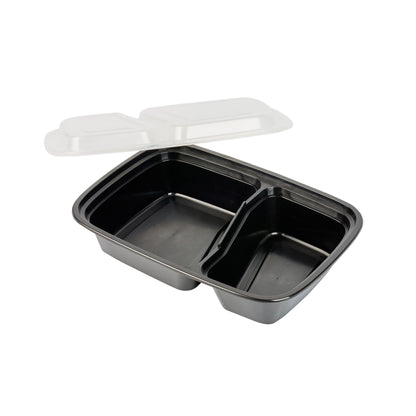 Asporto 32 oz Black Plastic 2 Compartment Food Container - with Clear Lid, Microwavable - 8 3/4" x 6" x 2" - 100 count box