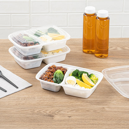Asporto 32 oz White Plastic 2 Compartment Food Container - with Clear Lid, Microwavable - 8 3/4" x 6" x 2" - 100 count box