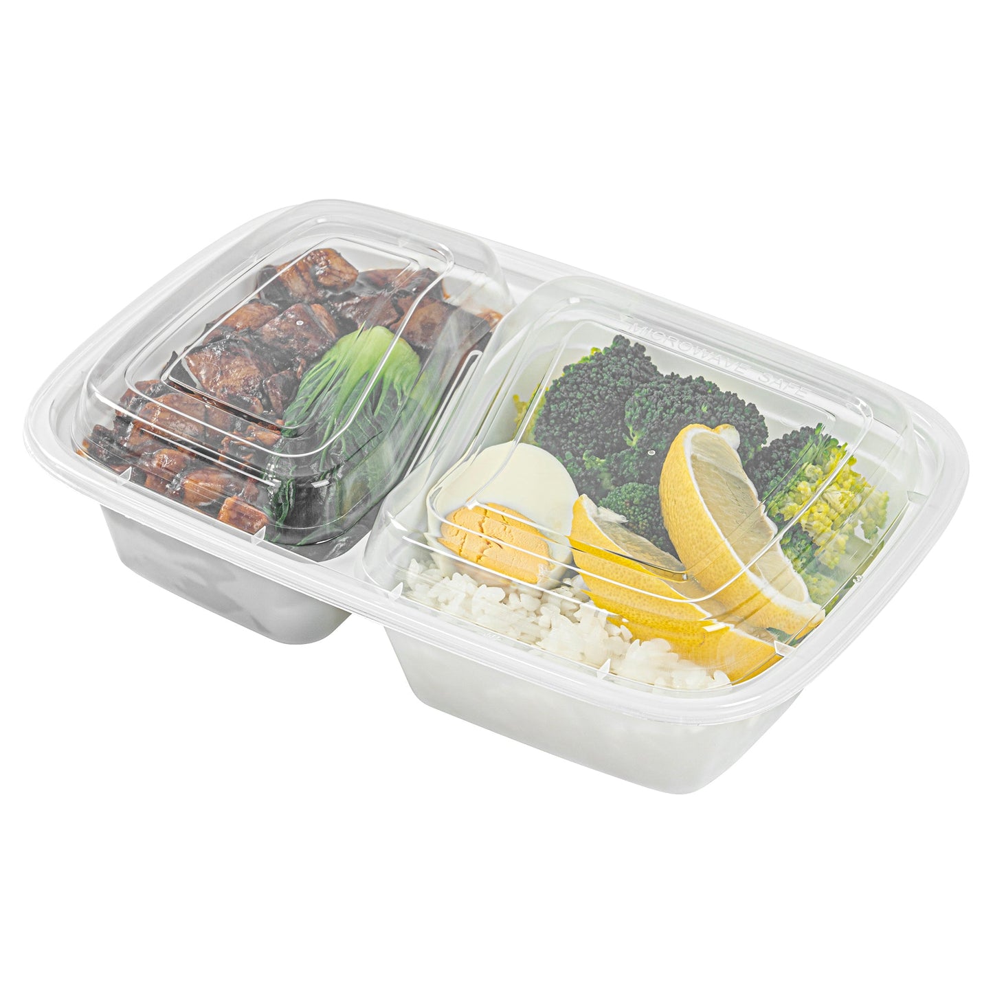 Asporto 32 oz White Plastic 2 Compartment Food Container - with Clear Lid, Microwavable - 8 3/4" x 6" x 2" - 100 count box