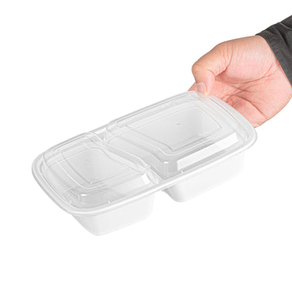 Asporto 32 oz White Plastic 2 Compartment Food Container - with Clear Lid, Microwavable - 8 3/4" x 6" x 2" - 100 count box