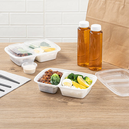 Asporto 32 oz White Plastic 2 Compartment Food Container - with Clear Lid, Microwavable - 8 3/4" x 6" x 2" - 100 count box