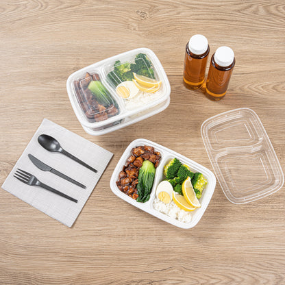 Asporto 32 oz White Plastic 2 Compartment Food Container - with Clear Lid, Microwavable - 8 3/4" x 6" x 2" - 100 count box