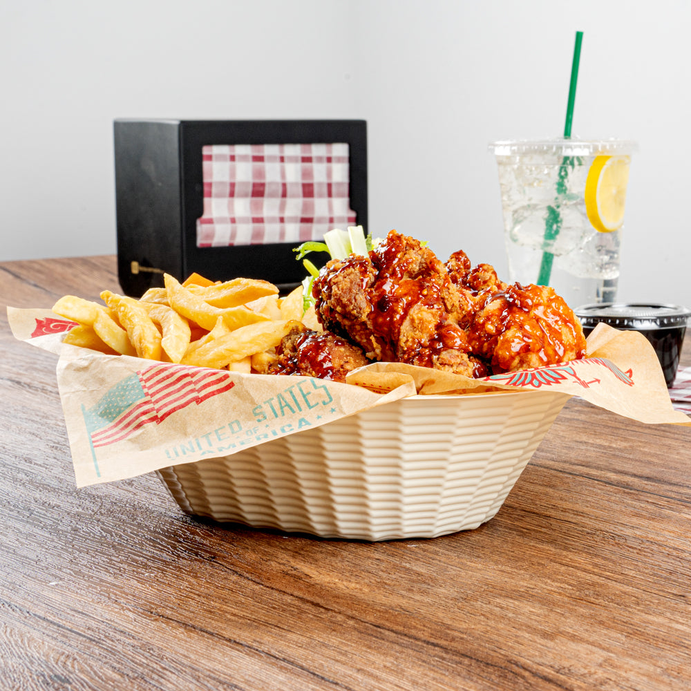 Maxi Serve 25 oz Cream Plastic Oval Food Serving Basket - Disposable - 9 1/4" x 6 1/4" x 2 1/2" - 100 count box