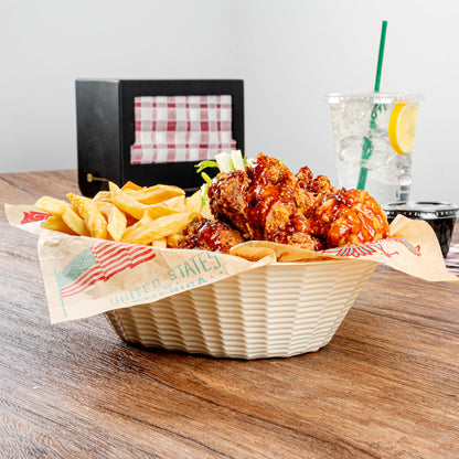 Maxi Serve 25 oz Cream Plastic Oval Food Serving Basket - Disposable - 9 1/4" x 6 1/4" x 2 1/2" - 100 count box