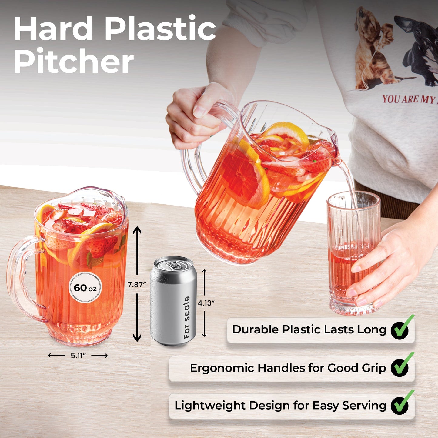 Chef 101 60 oz Clear Plastic Water Pitcher - 5" x 5" x 7 3/4" - 1 count box