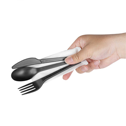 Basic Nature Black CPLA Plastic Cutlery Set - White Napkin, Heat-Resistant, Compostable - 8 3/4" x 2 3/4" x 3/4" - 100 count box
