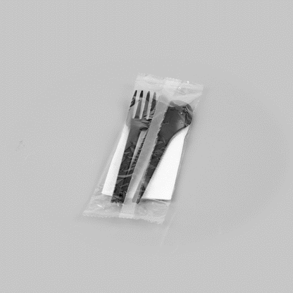 Basic Nature Black CPLA Plastic Cutlery Set - White Napkin, Heat-Resistant, Compostable - 8 3/4" x 2 3/4" x 3/4" - 100 count box