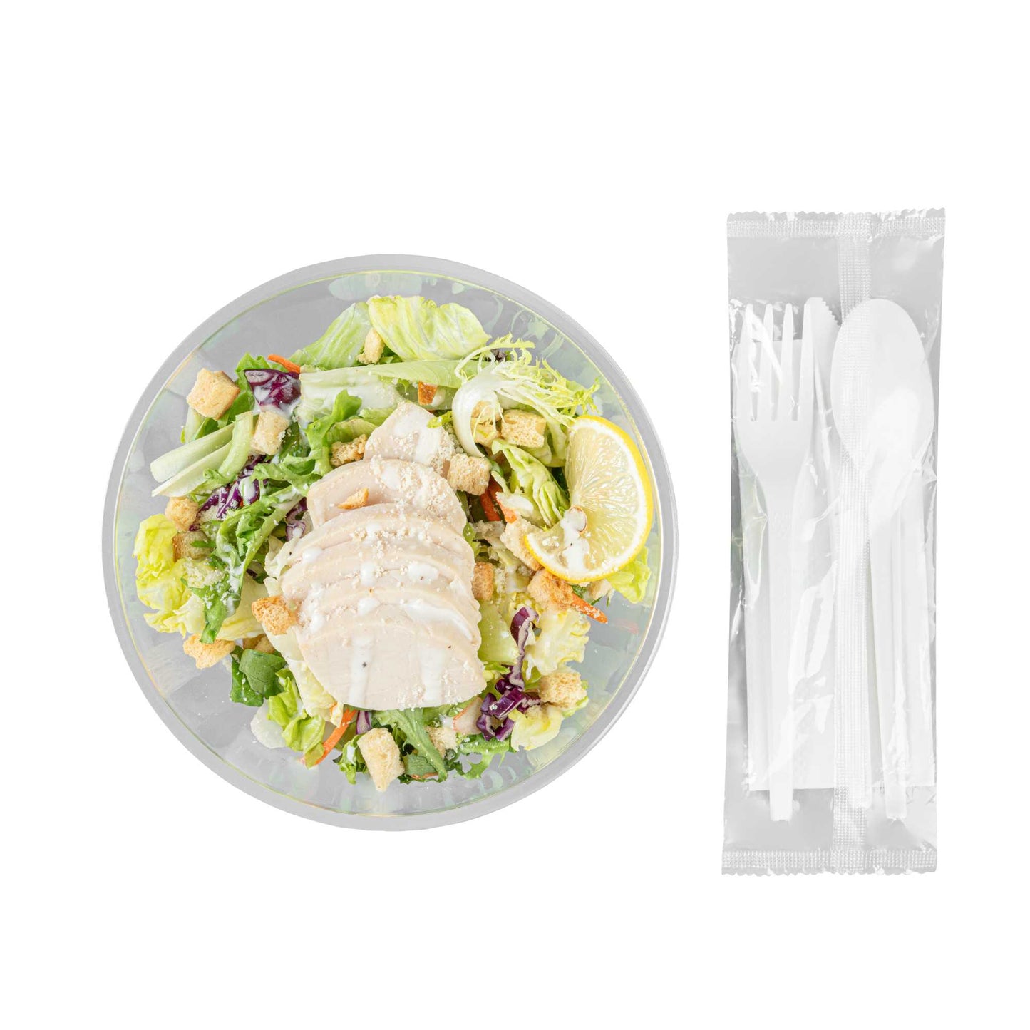 Basic Nature White CPLA Plastic Cutlery Set - White Napkin, Heat-Resistant, Compostable - 8 3/4" x 2 3/4" x 3/4" - 100 count box