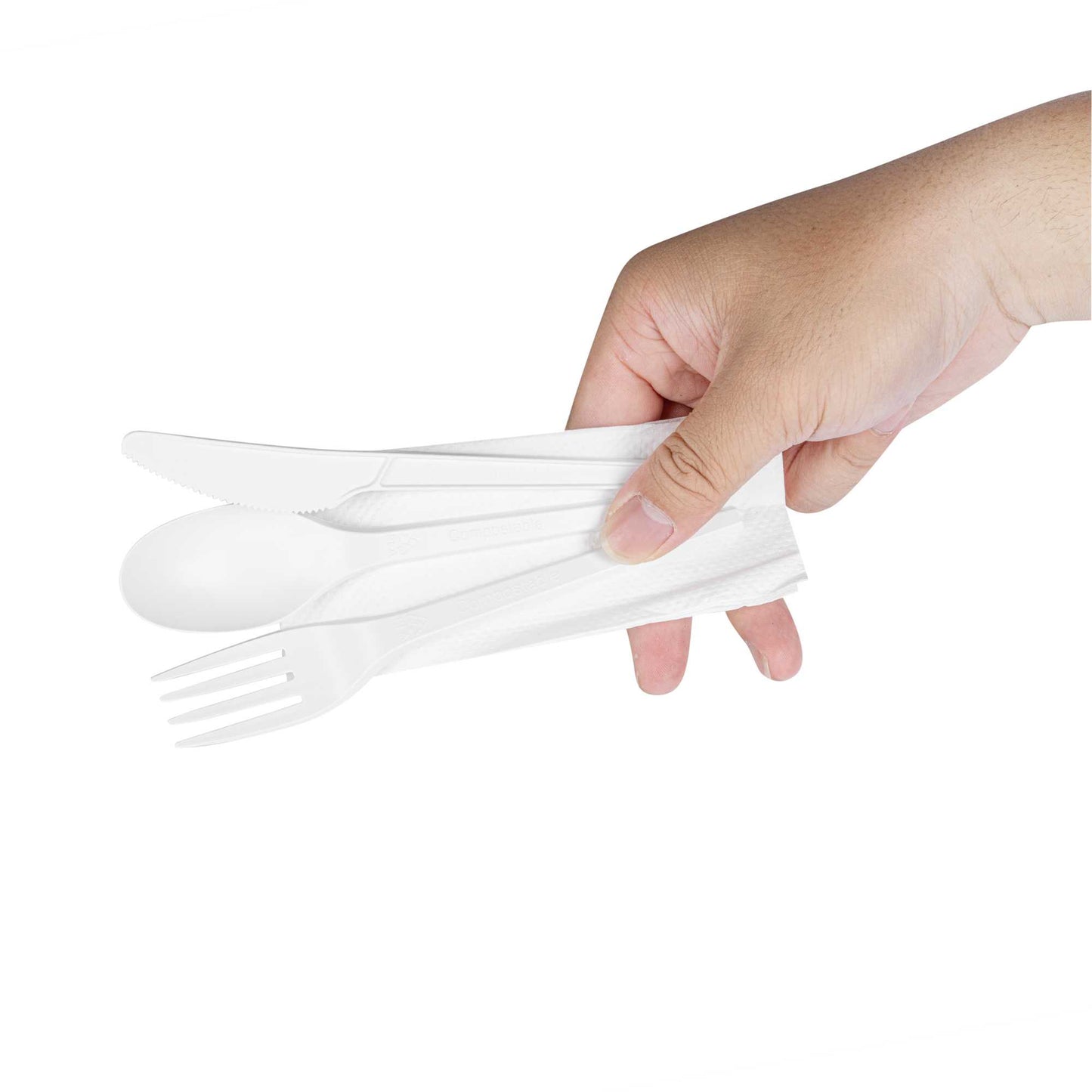 Basic Nature White CPLA Plastic Cutlery Set - White Napkin, Heat-Resistant, Compostable - 8 3/4" x 2 3/4" x 3/4" - 100 count box