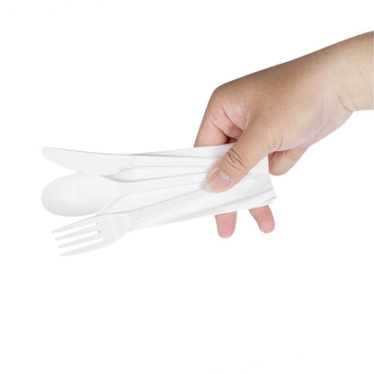 Basic Nature White CPLA Plastic Cutlery Set - White Napkin, Heat-Resistant, Compostable - 8 3/4" x 2 3/4" x 3/4" - 100 count box