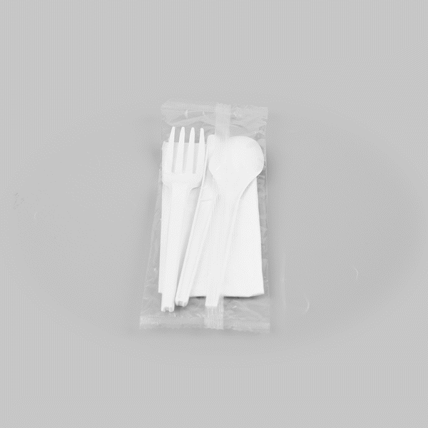 Basic Nature White CPLA Plastic Cutlery Set - White Napkin, Heat-Resistant, Compostable - 8 3/4" x 2 3/4" x 3/4" - 100 count box