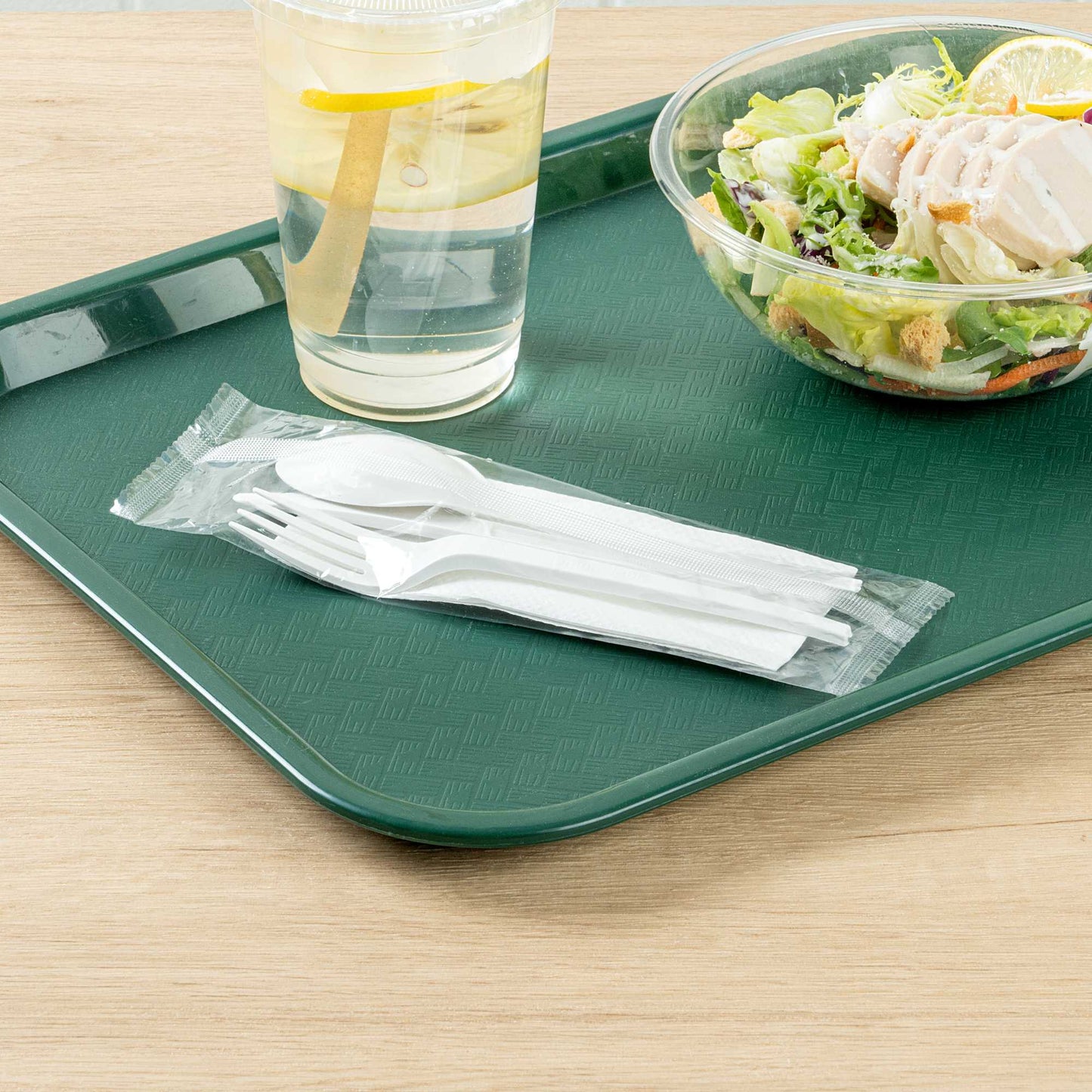 Basic Nature White CPLA Plastic Cutlery Set - White Napkin, Heat-Resistant, Compostable - 8 3/4" x 2 3/4" x 3/4" - 100 count box