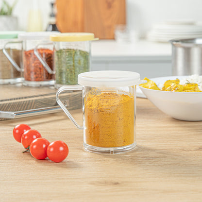 Chef 101 10 oz Clear Polycarbonate Dredge Spice Shaker - with White Solid Lid - 4 3/4" x 3 1/4" x 4" - 1 count box