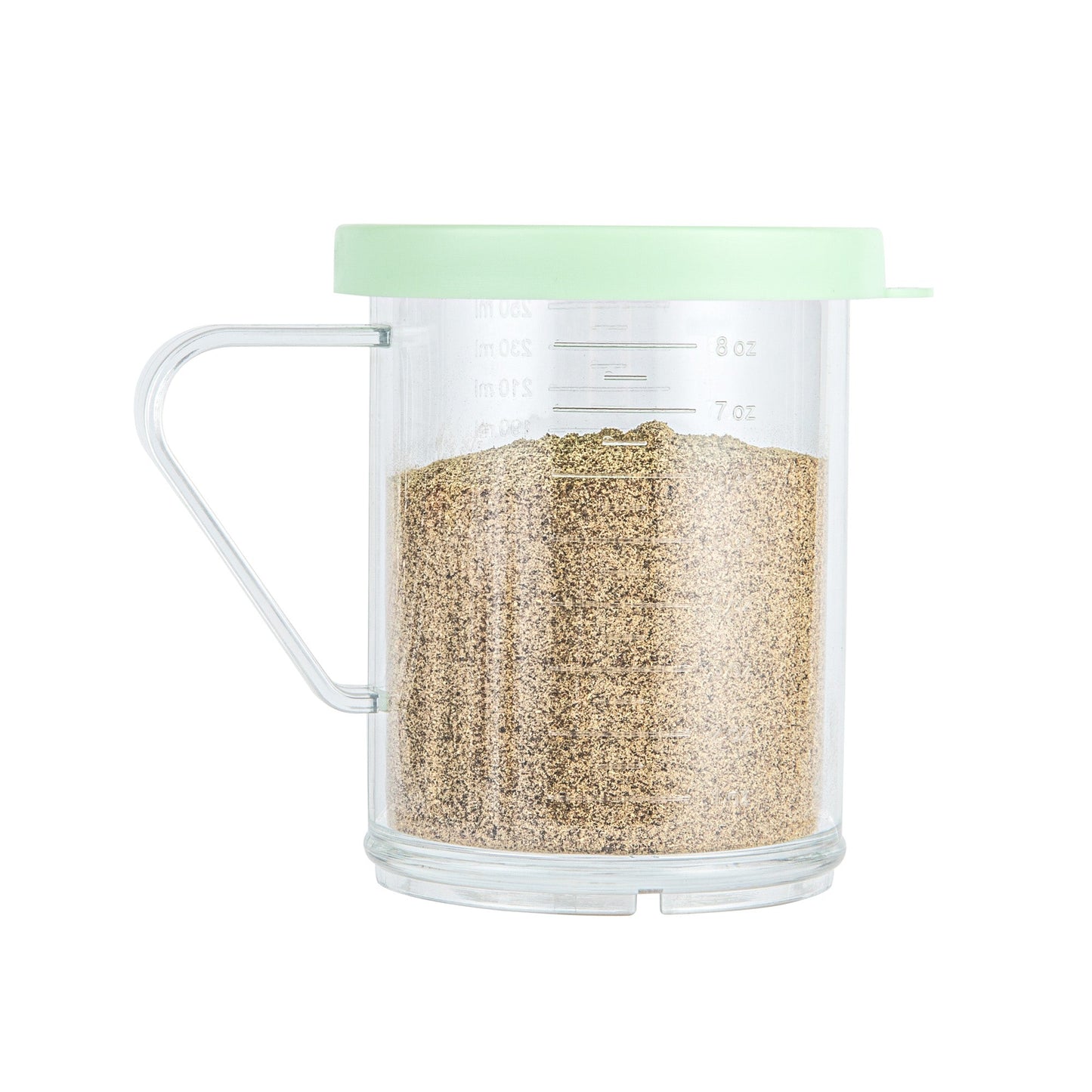 Chef 101 10 oz Clear Polycarbonate Dredge Spice Shaker - with Green Extra Fine Lid - 4 3/4" x 3 1/4" x 4" - 1 count box
