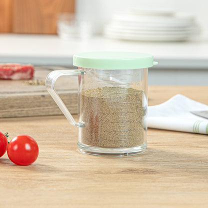 Chef 101 10 oz Clear Polycarbonate Dredge Spice Shaker - with Green Extra Fine Lid - 4 3/4" x 3 1/4" x 4" - 1 count box